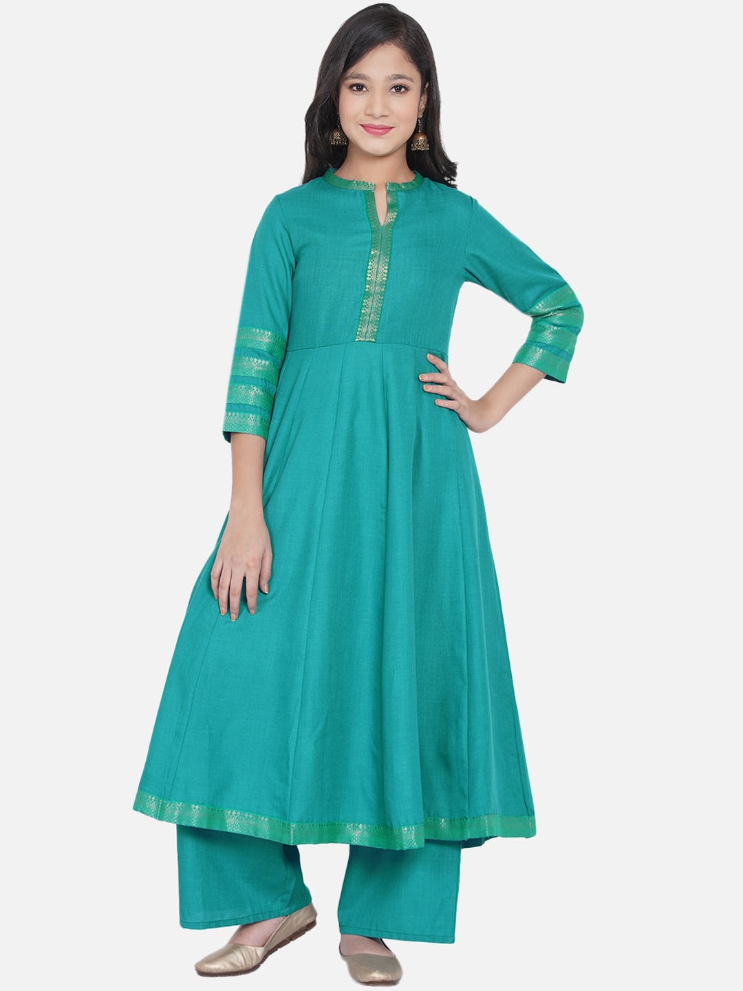 

Bitiya by Bhama Girls Mandarin Collar Anarkali Kurta With Palazzos, Turquoise blue