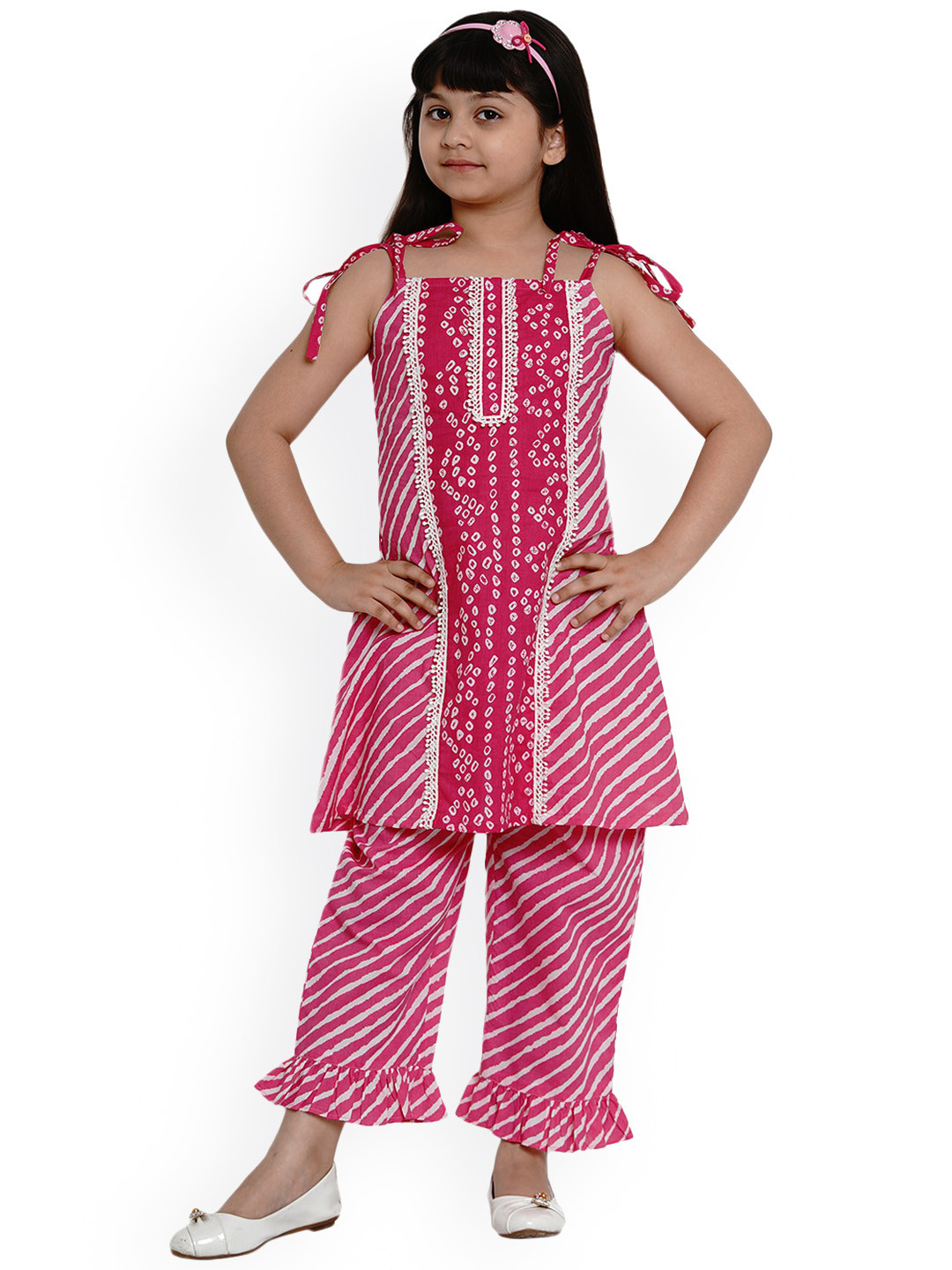 

Bitiya by Bhama Girls Leheriya Print Pure Cotton Kurta With Trousers, Pink
