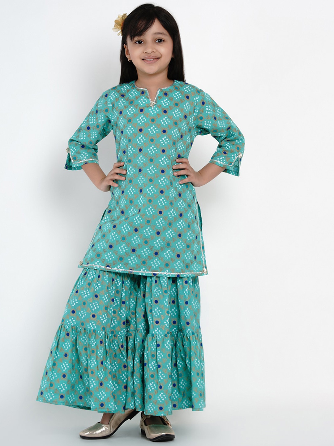 

Bitiya by Bhama Girls Ethnic Motifs Printed Pure Cotton Kurti with Sharara, Sea green