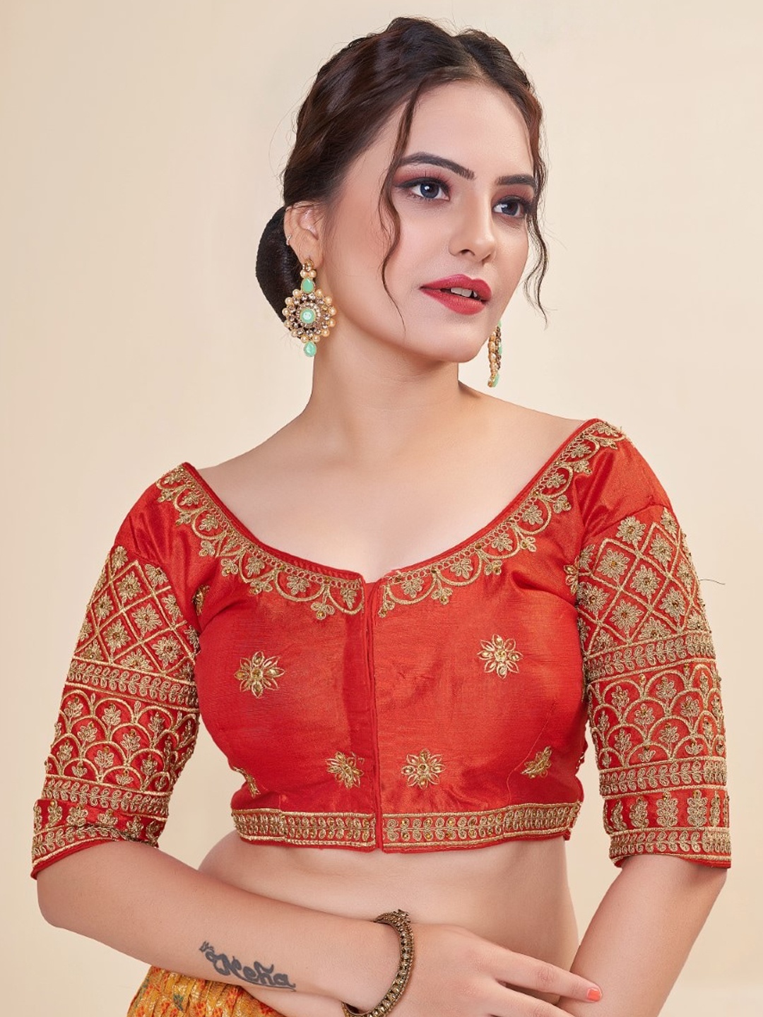

HIMRISE Embroidered Round Neck Saree Blouse, Red