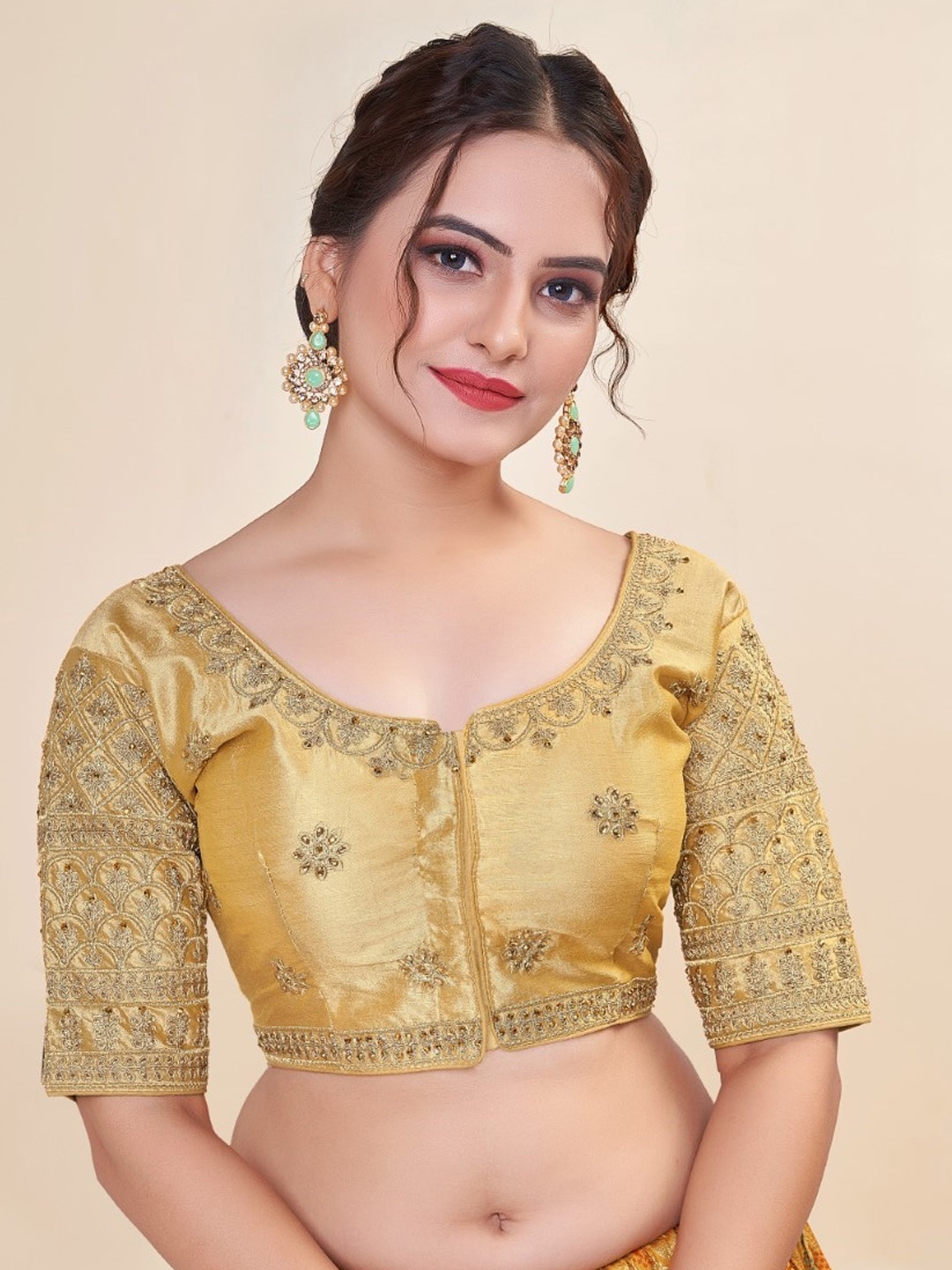 

HIMRISE Embroidered Round Neck Saree Blouse, Gold