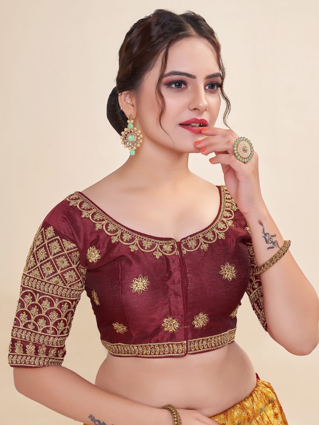 

HIMRISE Embroidered Round Neck Cotton Saree Blouse, Maroon