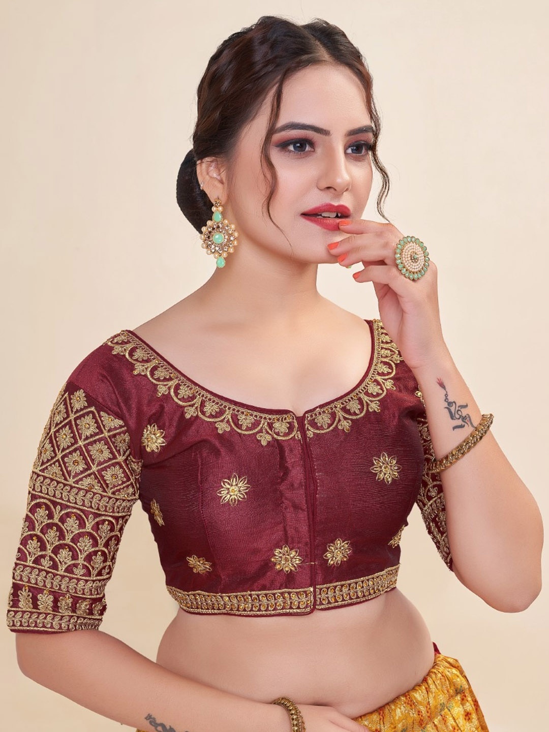 

HIMRISE Embroidered Round Neck Cotton Saree Blouse, Maroon