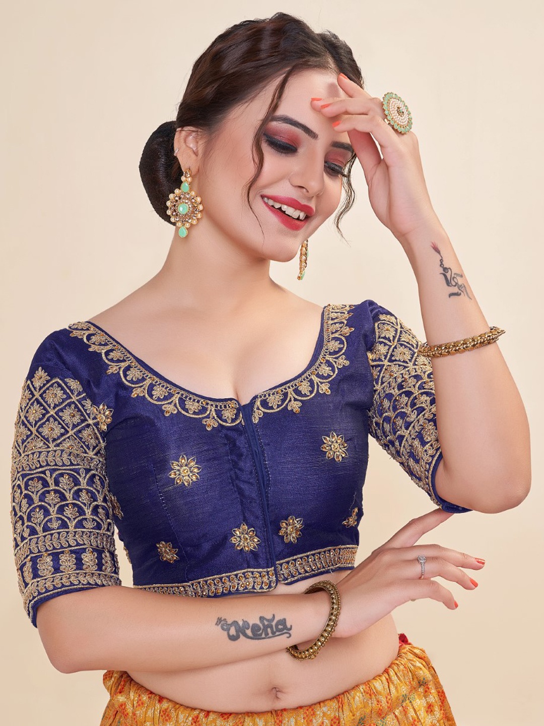 

HIMRISE Embroidered Round Neck Cotton Saree Blouse, Navy blue