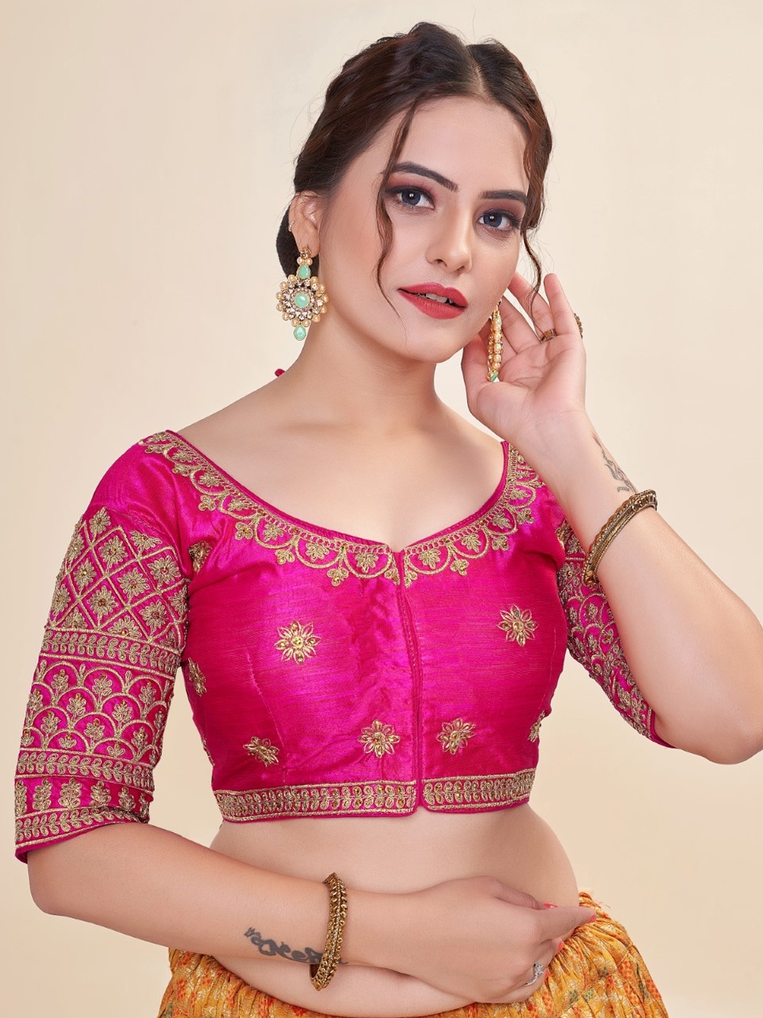 

HIMALAY Embroidered Round Neck Short Sleeve Phantom Blouse, Pink