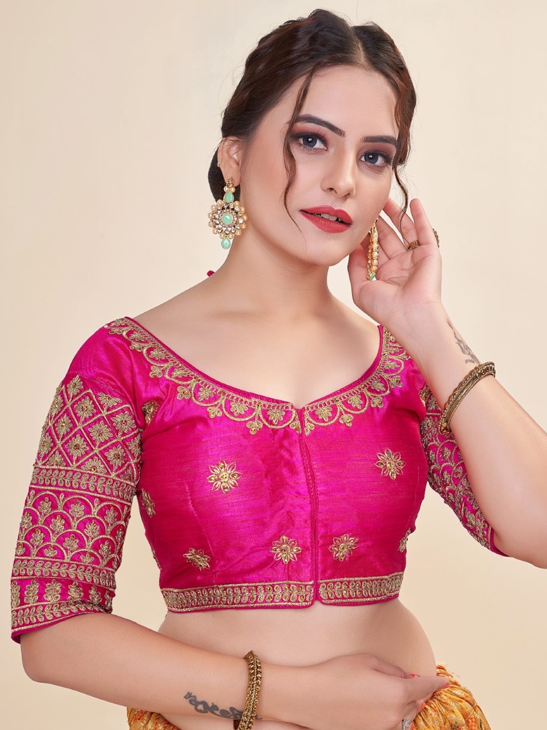 

HIMRISE Embroidered Round Neck Cotton Saree Blouse, Pink