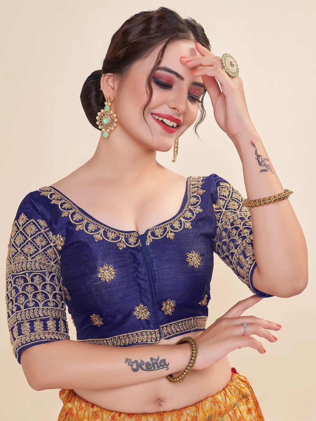 

HIMRISE Embroidered Round Neck Cotton Saree Blouse, Navy blue