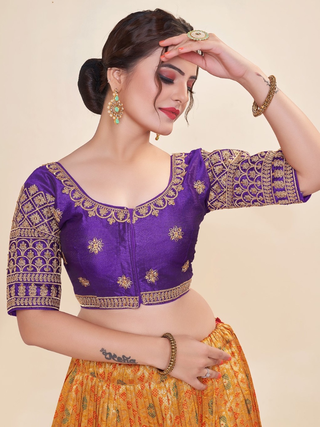

HIMRISE Embroidered Round Neck Cotton Saree Blouse, Purple