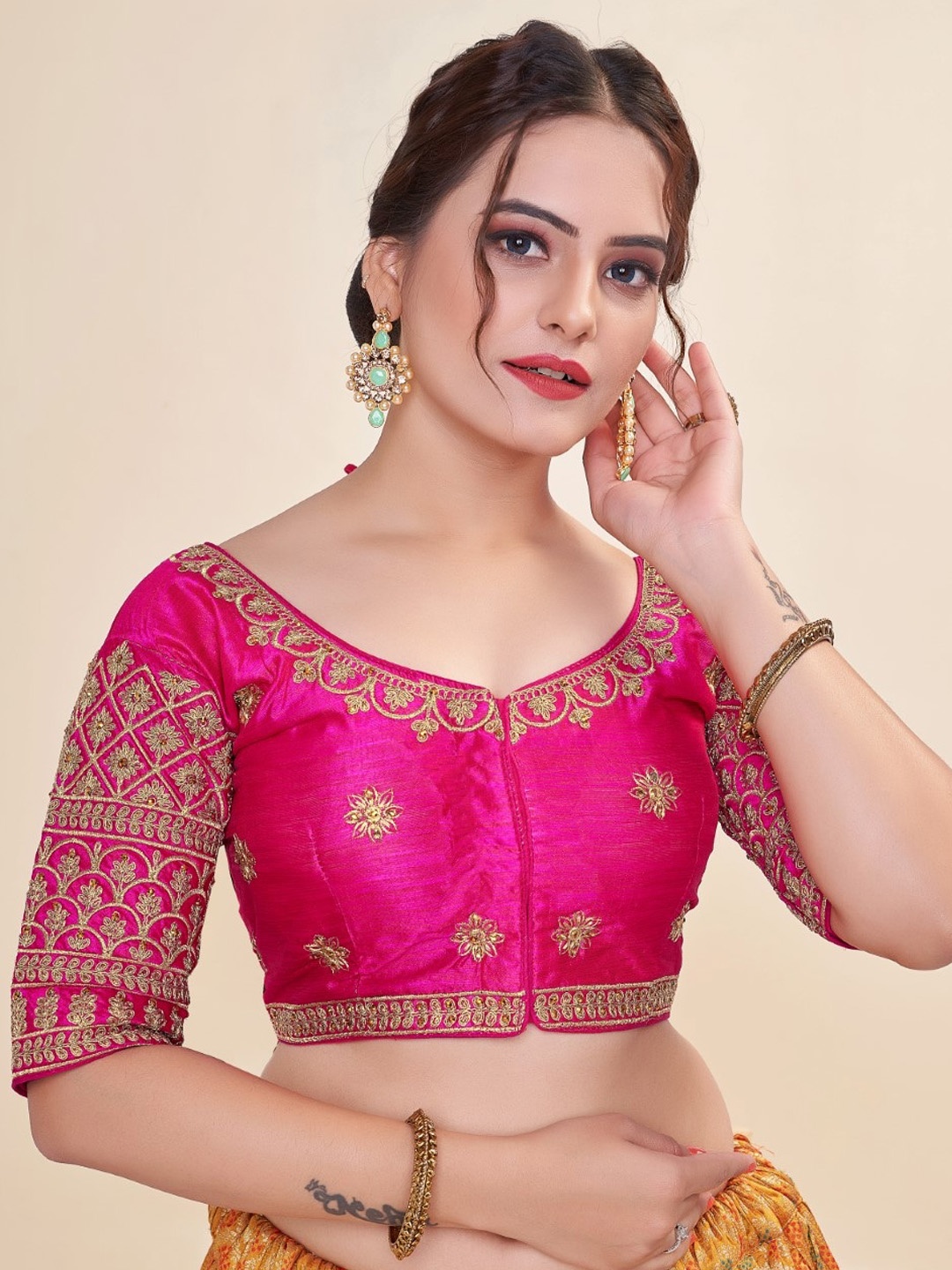 

HIMRISE Embroidered Round Neck Cotton Saree Blouse, Pink