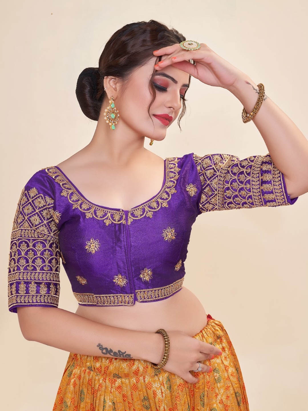 

HIMRISE Embroidered Round Neck Cotton Saree Blouse, Purple