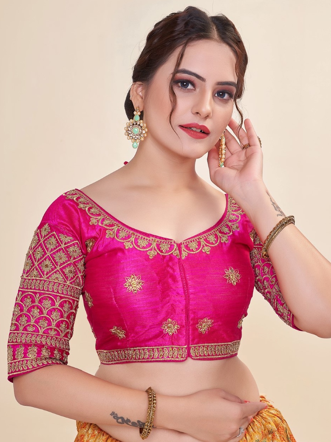 

HIMRISE Embroidered Round Neck Cotton Saree Blouse, Pink