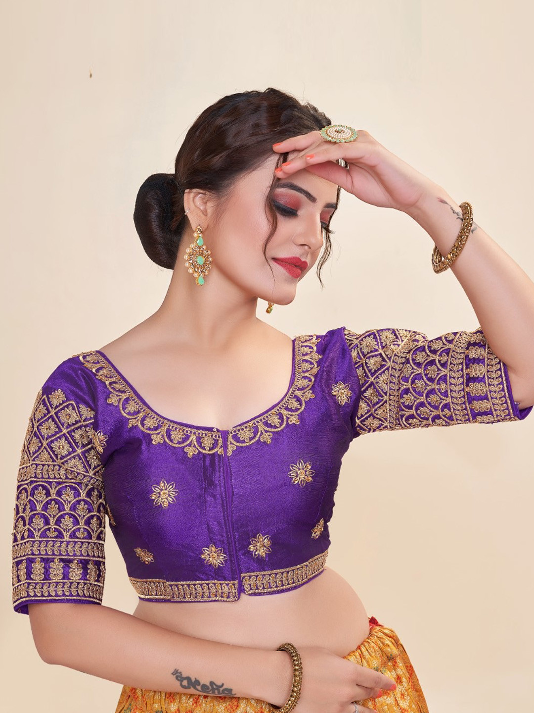 

HIMRISE Embroidered Round Neck Cotton Saree Blouse, Purple