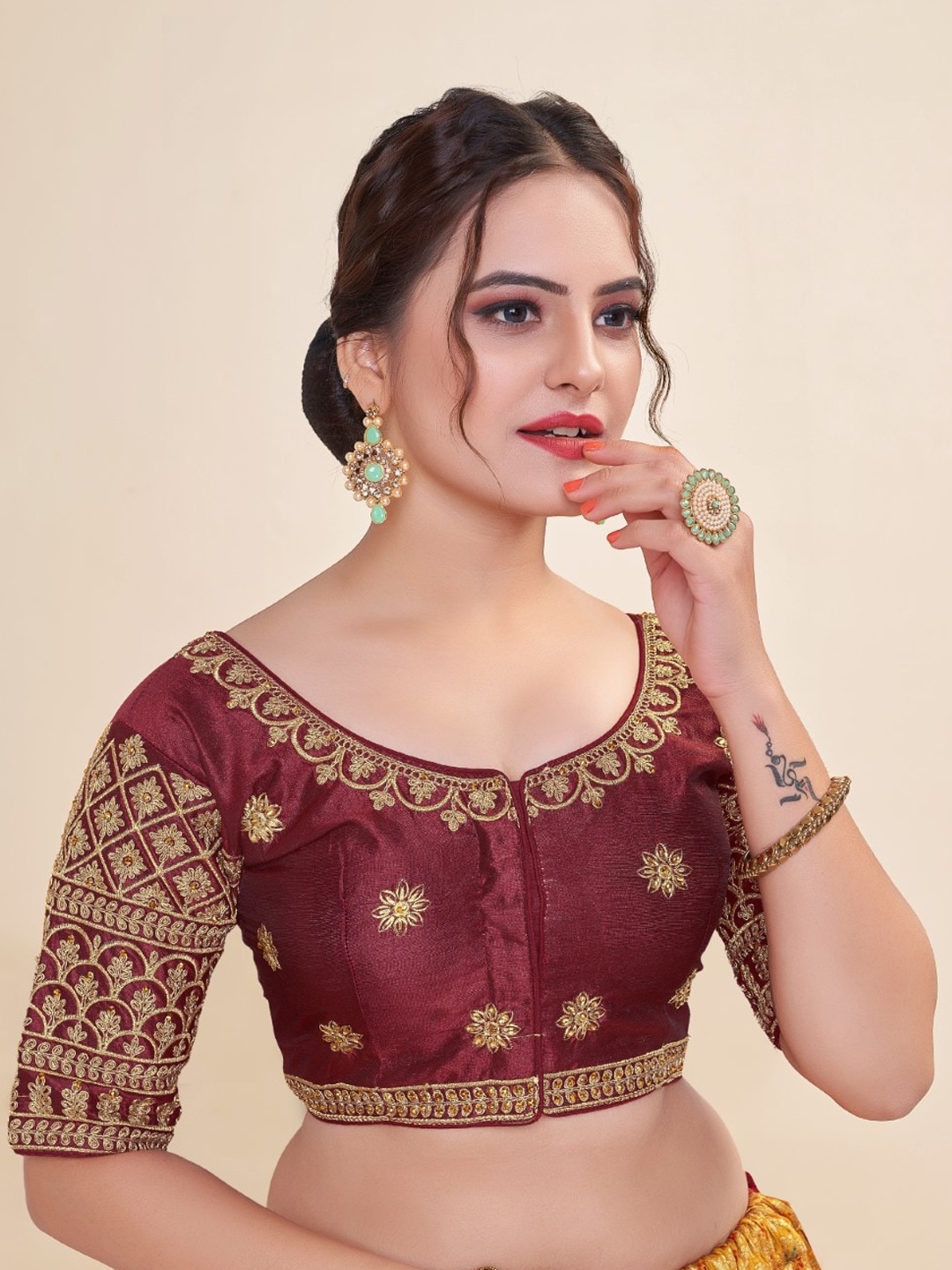 

HIMRISE Embroidered Round Neck Cotton Saree Blouse, Maroon