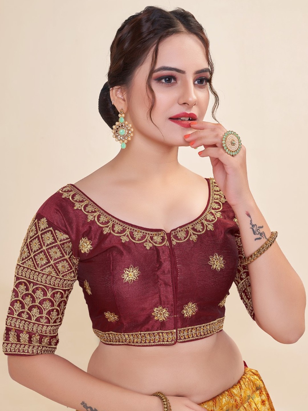 

HIMRISE Embroidered Round Neck Cotton Saree Blouse, Maroon