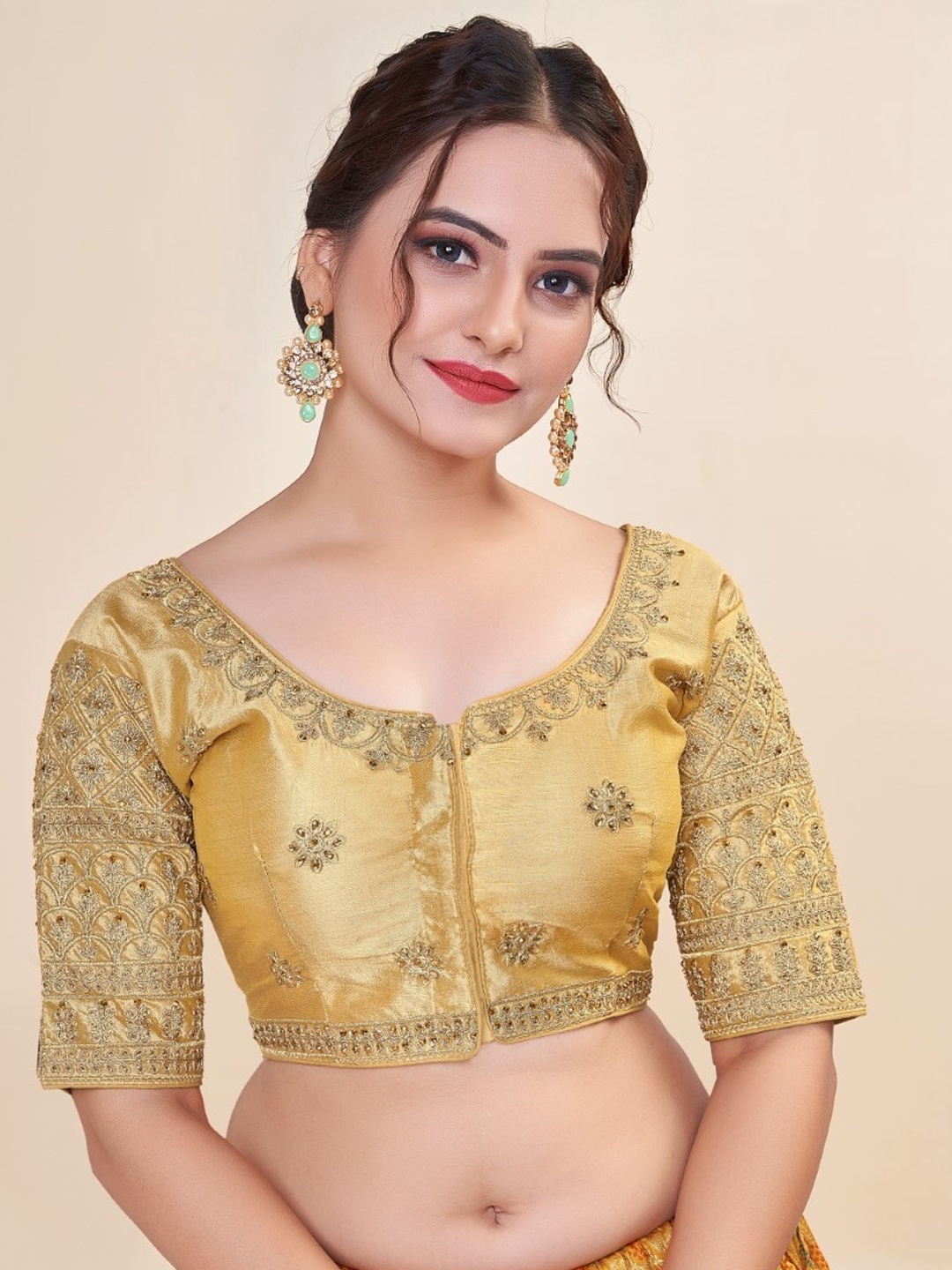 

HIMRISE Embroidered Round Neck Cotton Saree Blouse, Gold