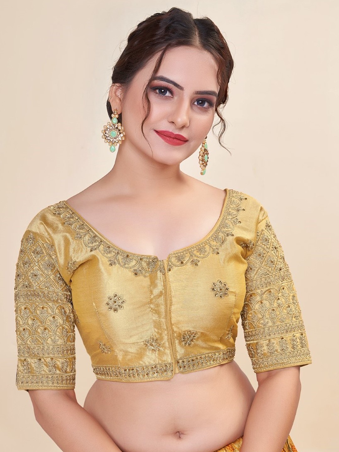

HIMRISE Embroidered Round Neck Cotton Saree Blouse, Gold