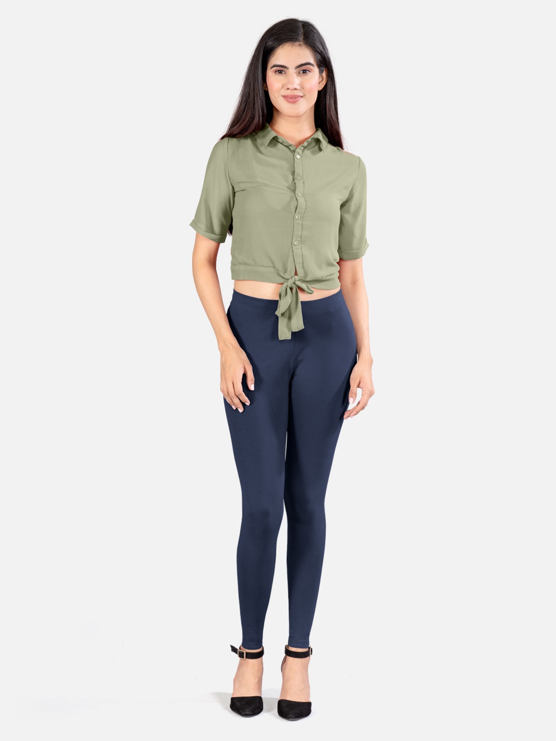 

indian flower 4-way stretch Ankle Length Leggings, Navy blue