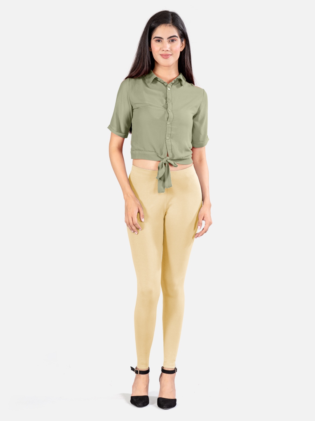

indian flower 4-way stretch Ankle Length Leggings, Beige
