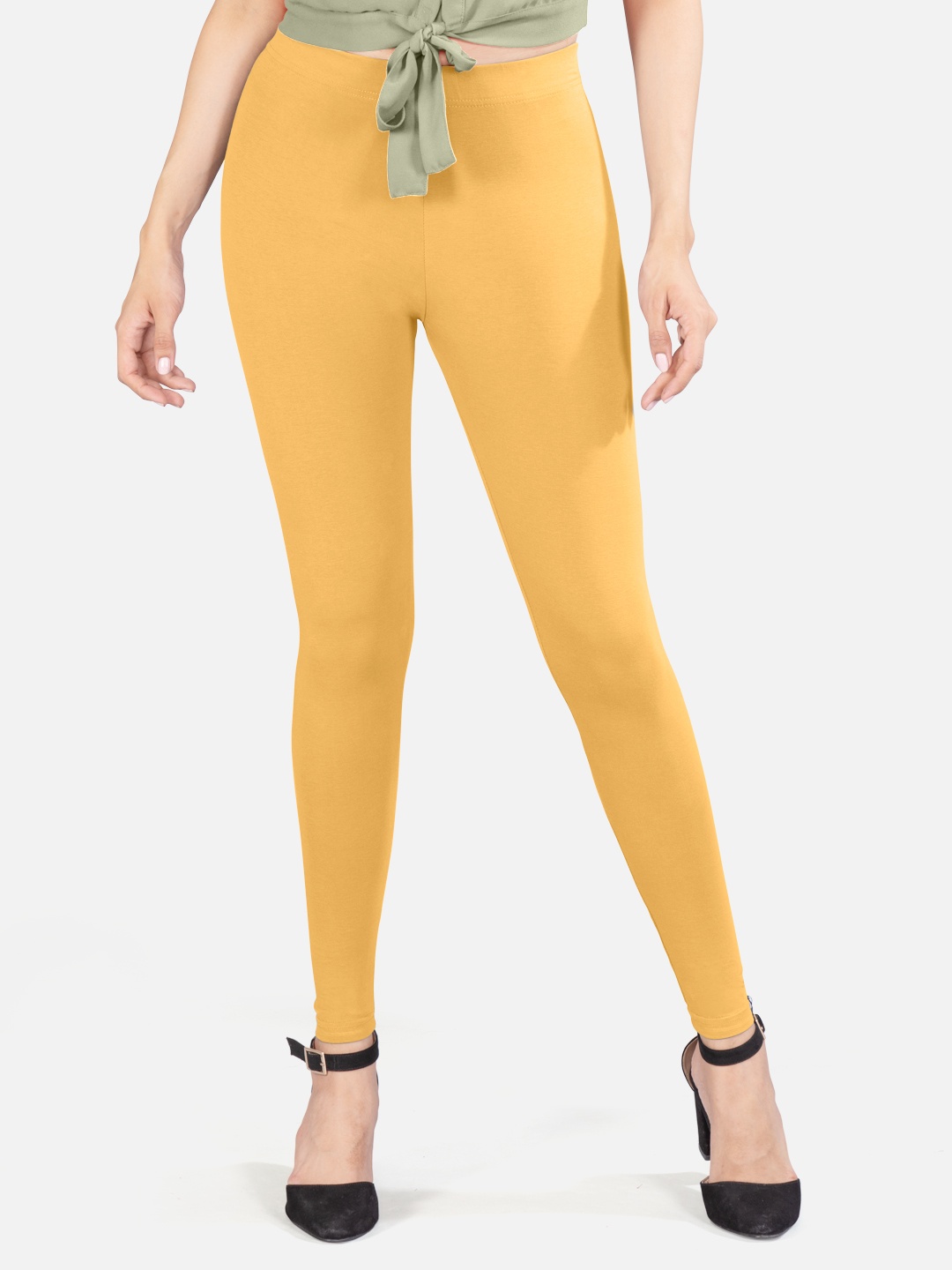 

indian flower 4-way stretch Ankle Length Leggings, Mustard