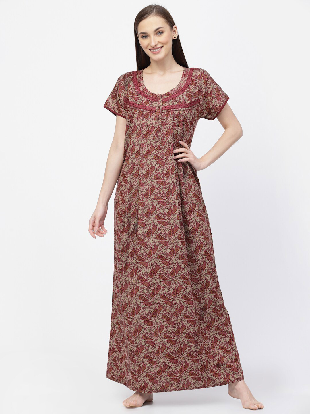 

Sweet Dreams Ethnic Motifs Printed Maxi Nightdress, Maroon