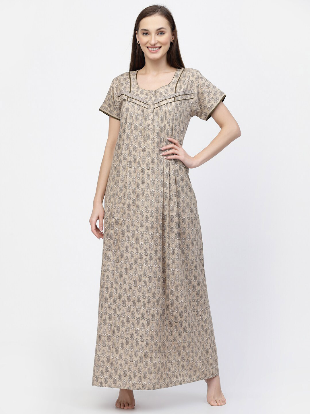 

Sweet Dreams Ethnic Motifs Printed Maxi Nightdress, Green