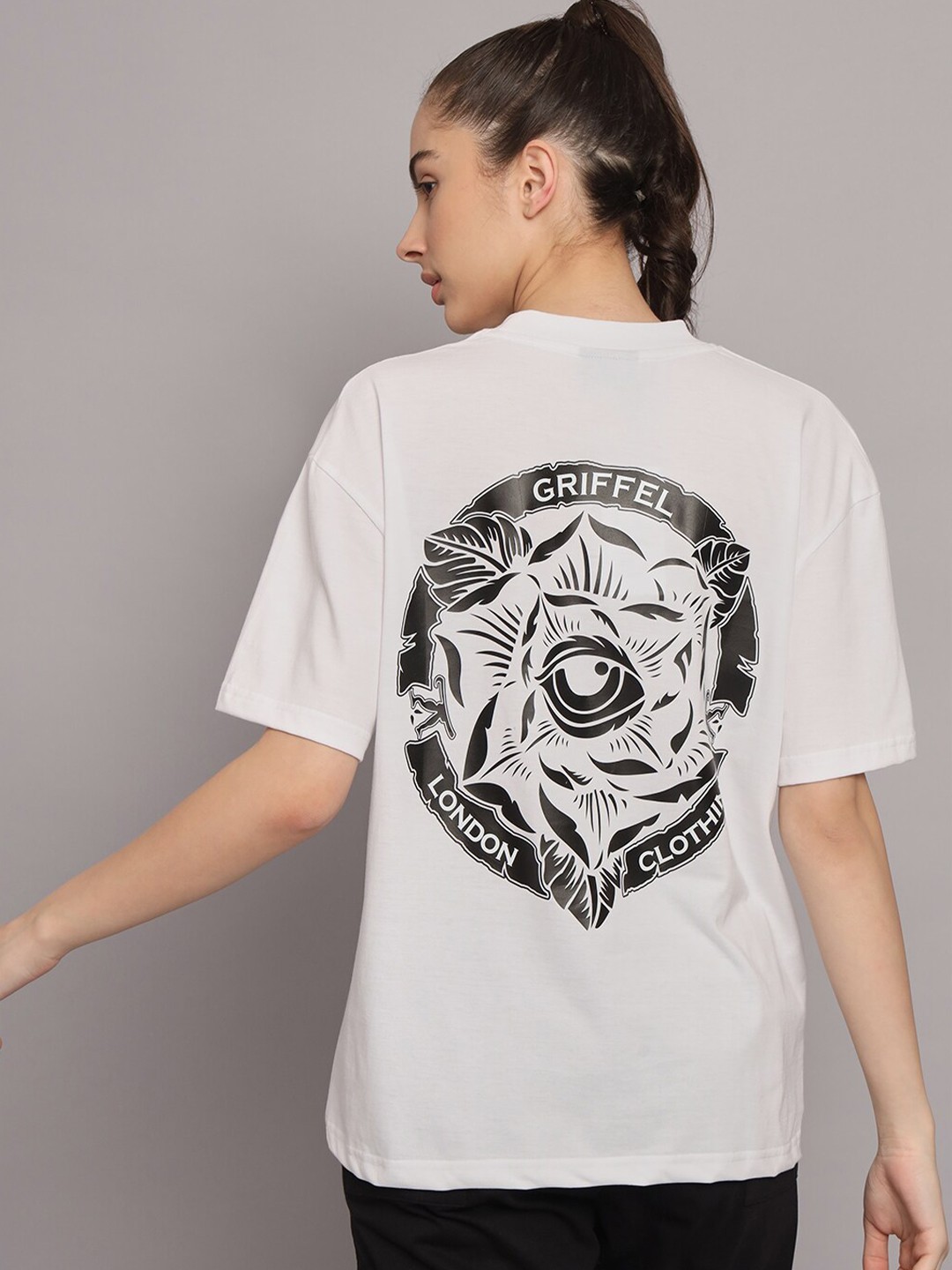 

GRIFFEL Graphic Printed Drop Shoulder Sleeves Cotton T-shirt, Black