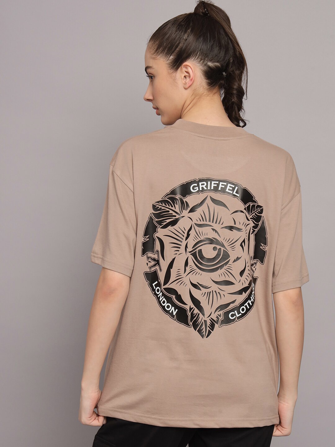 

GRIFFEL Graphic Printed Drop Shoulder Sleeves V-Neck Cotton Casual T-shirt, Brown