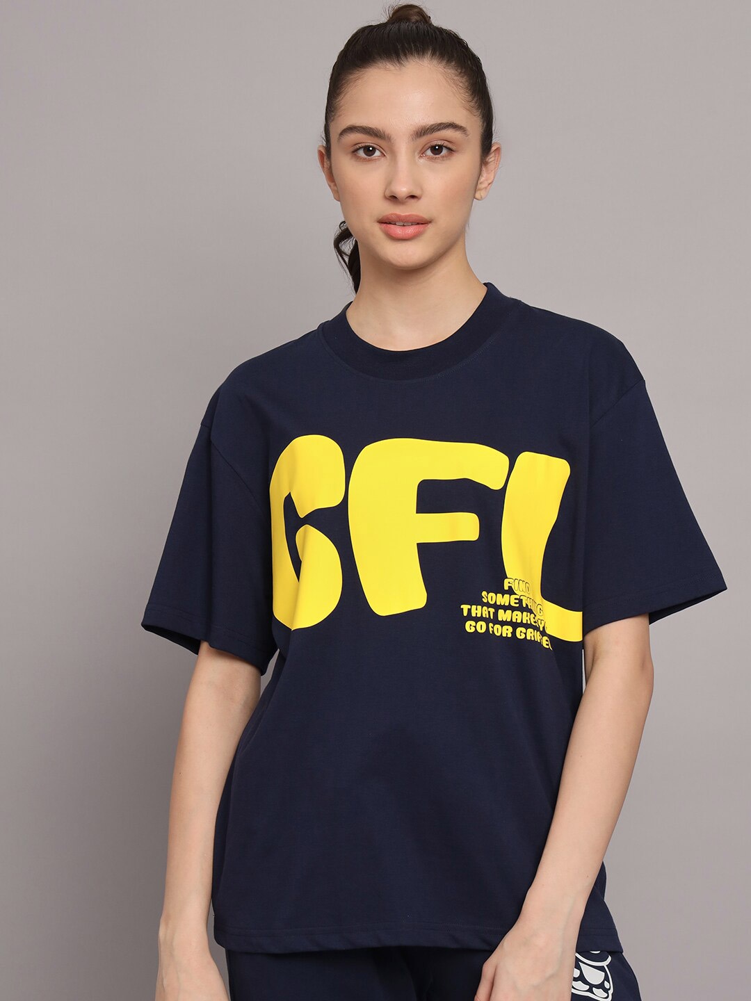 

GRIFFEL Typography Printed Drop Shoulder Sleeves Cotton Loose T-shirt, Navy blue