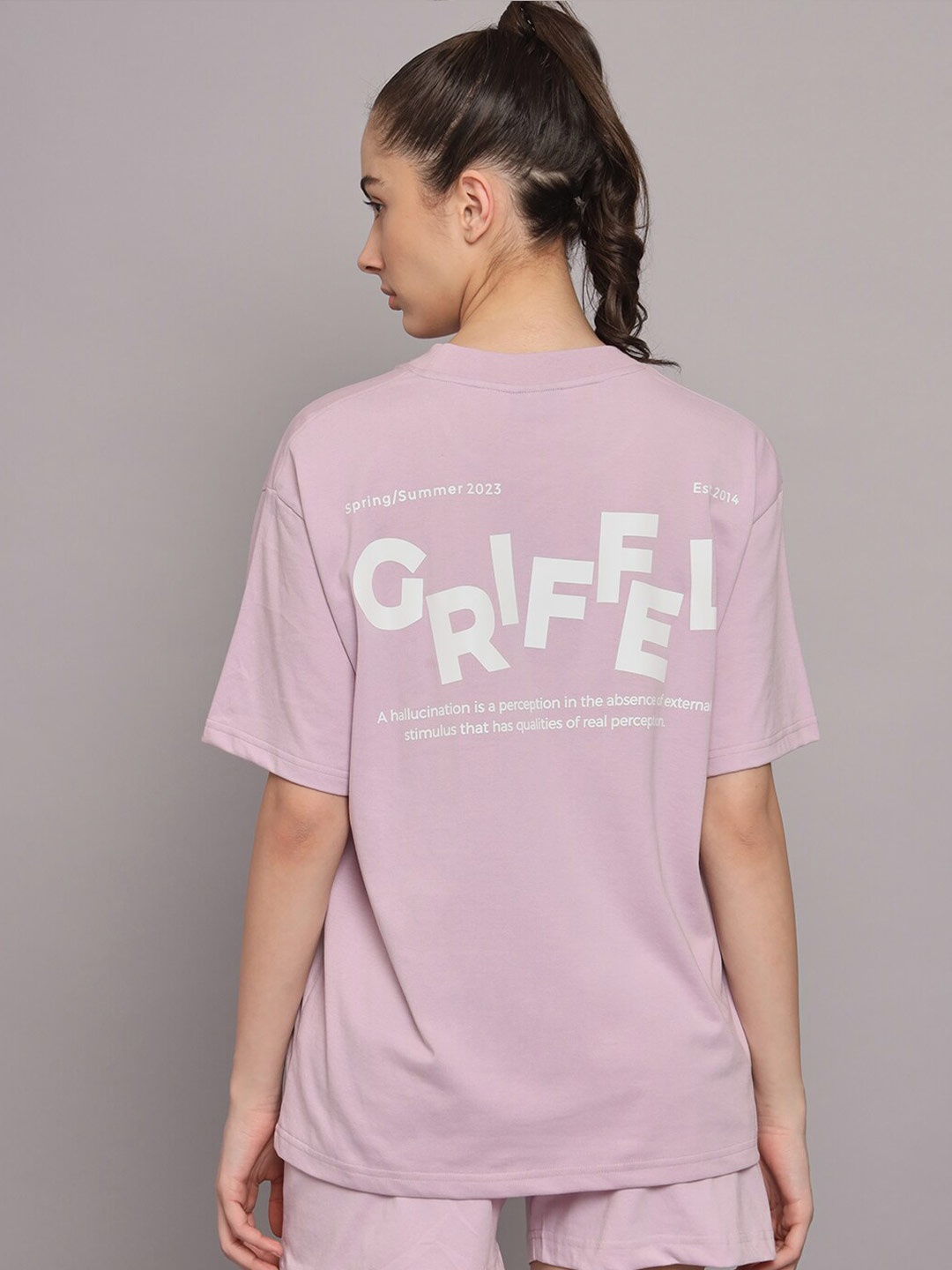

GRIFFEL Typography Printed Drop Shoulder Sleeves Cotton Oversized T-shirt, Lavender