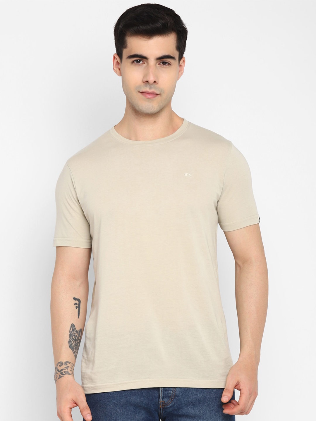 

Allen Cooper Round Neck Cotton T-Shirt, Beige