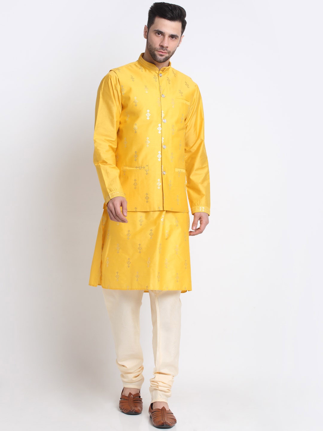 

KRAFT INDIA Ethnic Motifs Embroidered Sequence Regular Kurta With Churidar & Nehru Jacket, Yellow