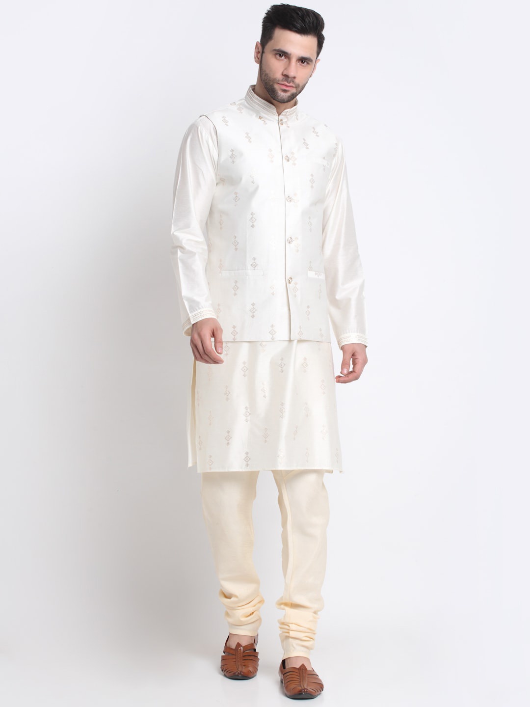 

KRAFT INDIA Ethnic Motifs Embroidered Sequence Regular Kurta With Churidar & Nehru Jacket, Cream