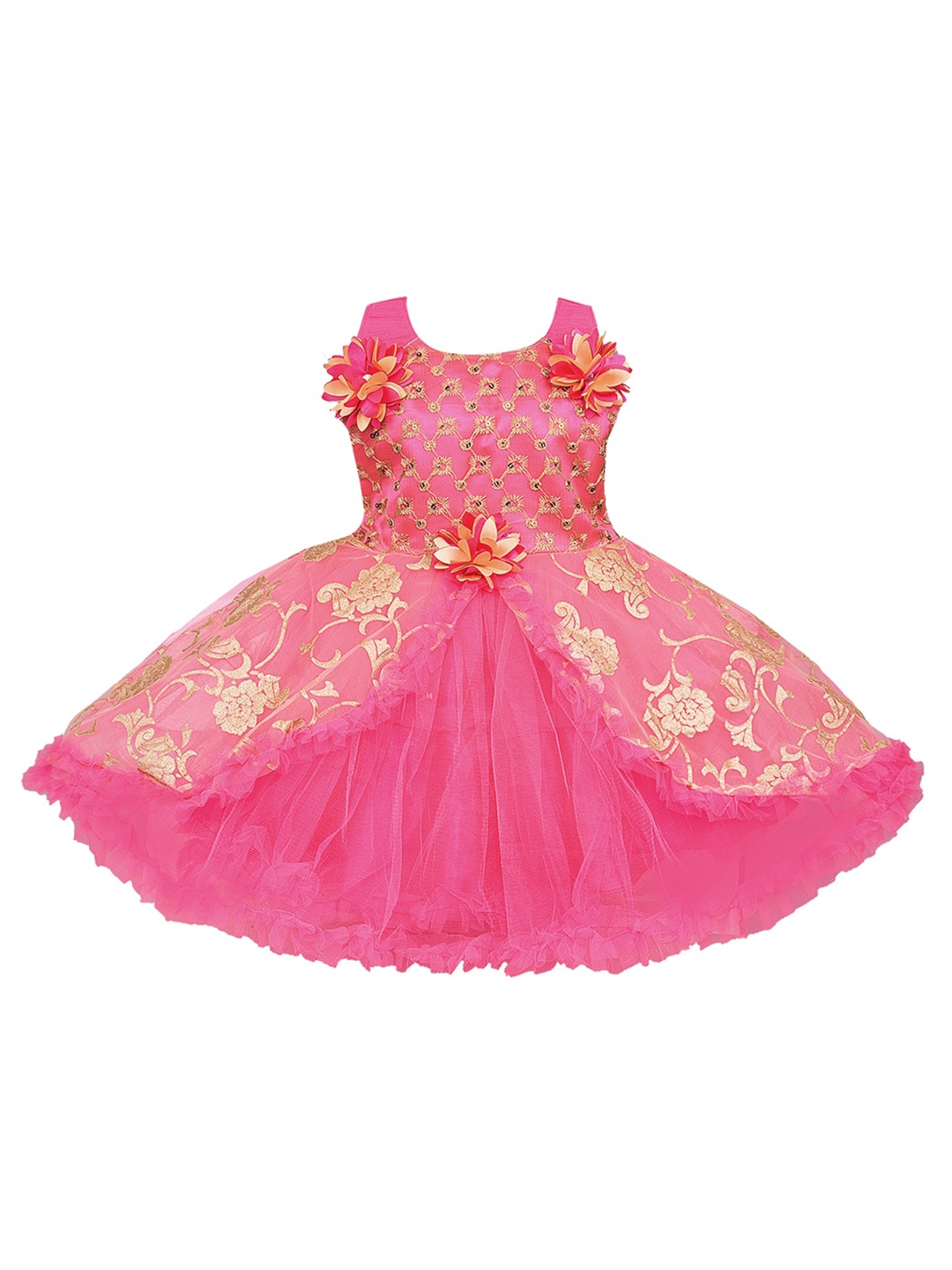

Wish Karo Girls Floral Printed Embroidred Net Fit & Flare Dress, Pink
