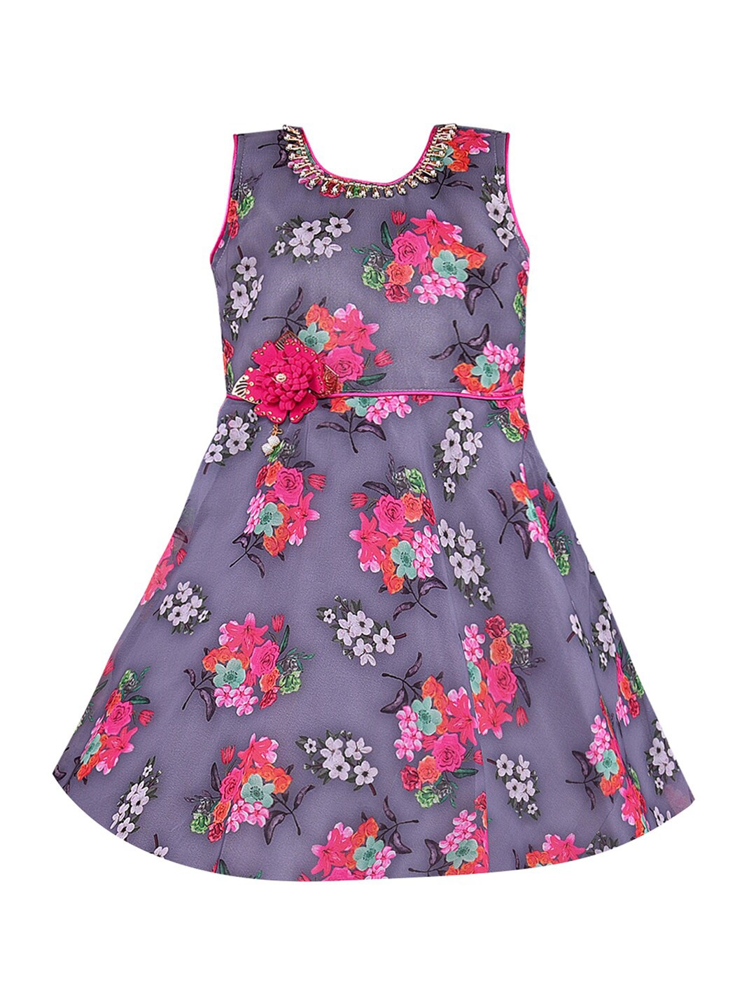 Wish Karo Girls Floral Print Georgette Fit & Flare Dress, Grey