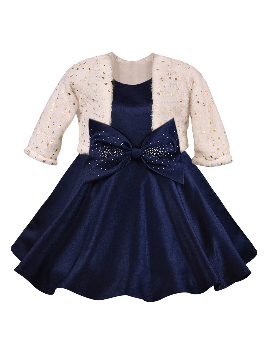 

Wish Karo Round Neck Bow Detailed Satin Fit & Flare Dress, Navy blue