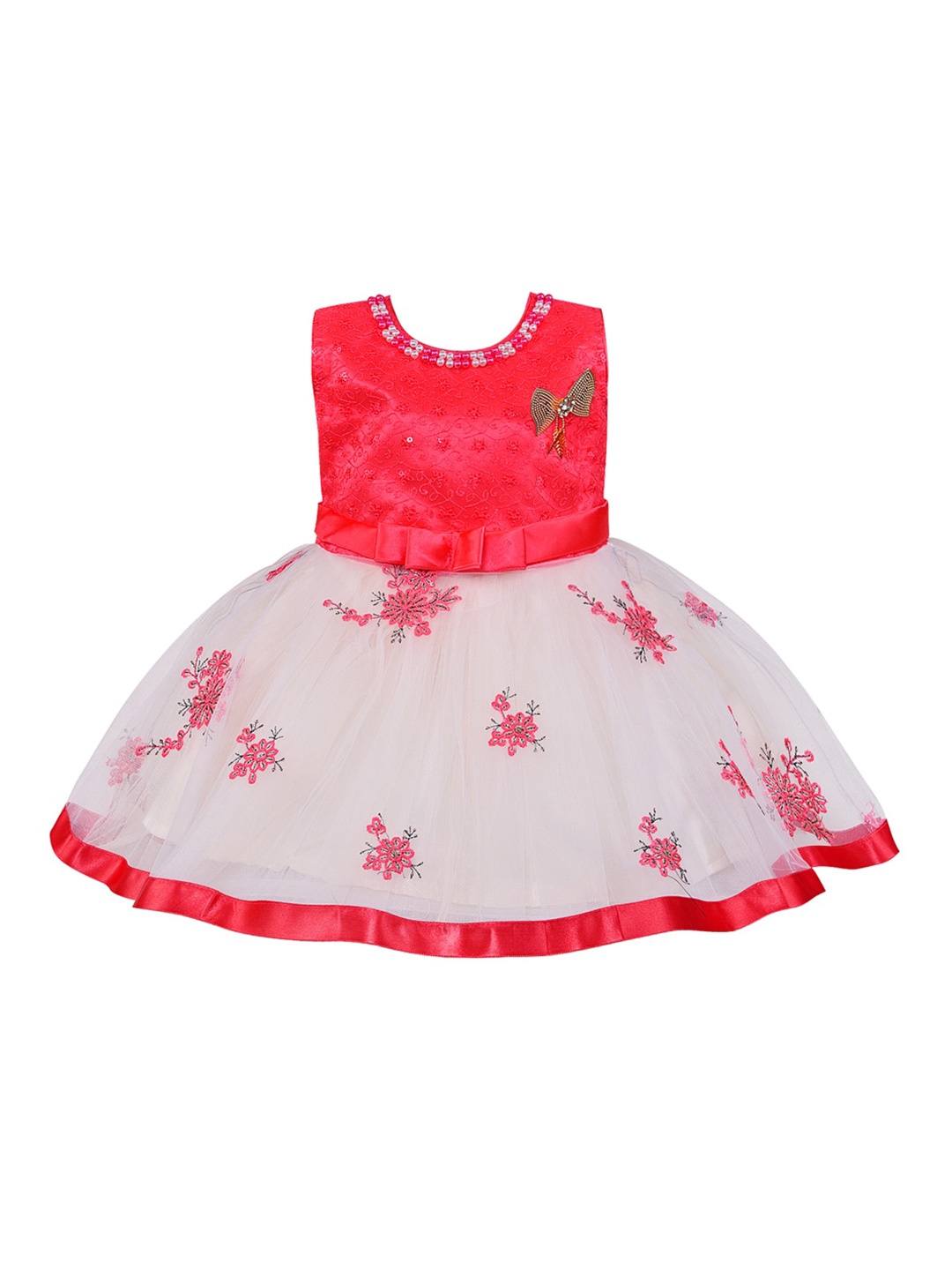 

Wish Karo Floral Embroidered Net Fit & Flare Dress, Pink