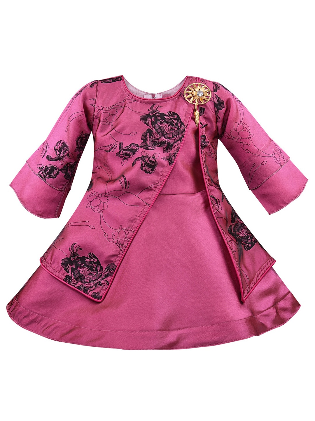 

Wish Karo Floral Printed Layered Satin A-Line Dress, Pink