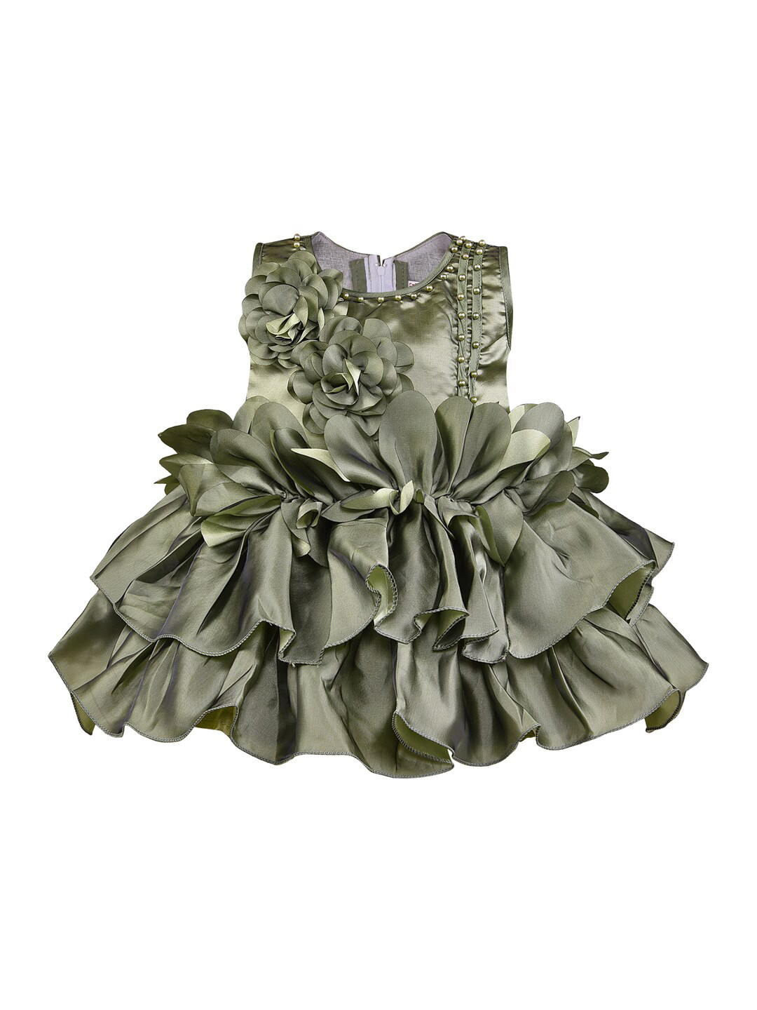 

Wish Karo Girls Self Design Frills Sleeveless Satin Fit & Flare Dress, Green