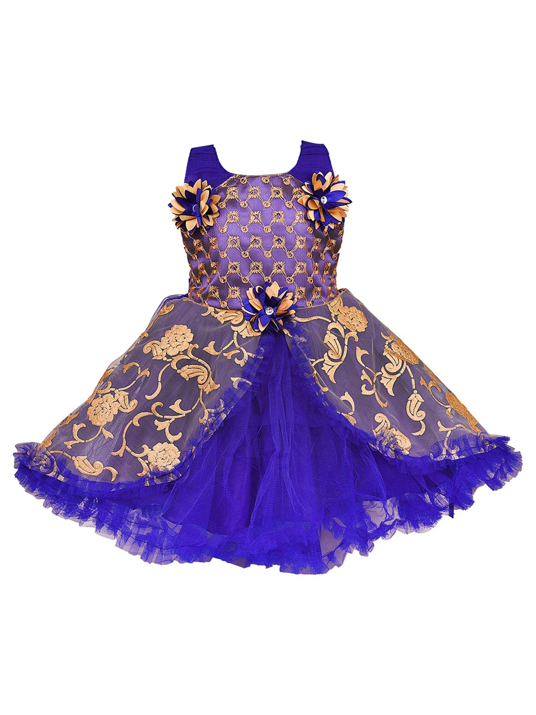 

Wish Karo Girls Round Neck Floral Self Design Fit & Flare Dress, Blue
