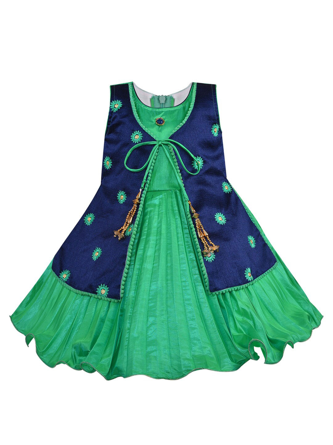 

Wish Karo Floral Embroidered Layered Satin Fit & Flare Dress, Green