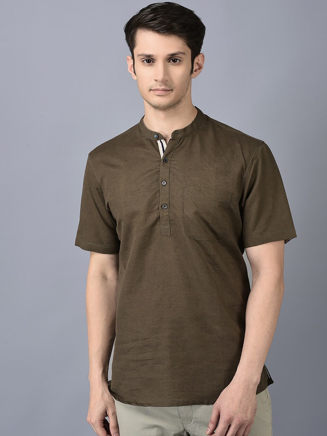 

CANOE Band Collar Curved Hem Straight Cotton Linen Kurta, Olive