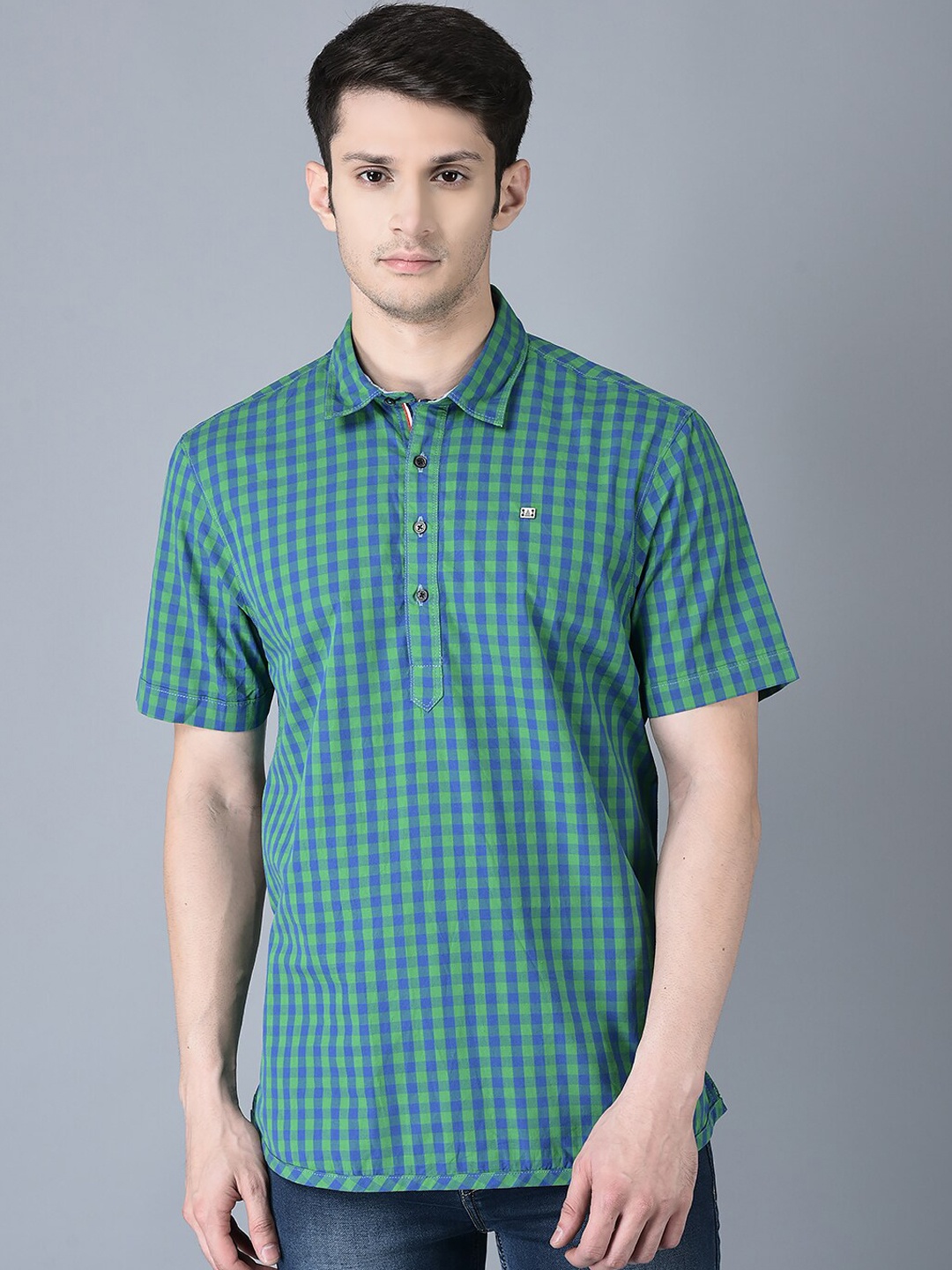 

CANOE Shirt Collar Straight Checked Cotton Kurta, Green