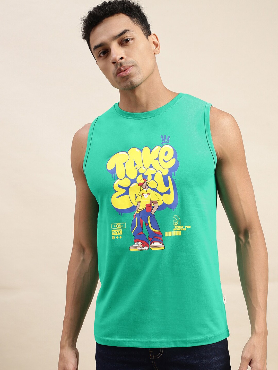 

VEIRDO Men Printed Sleeveless Cotton Tank Vest, Sea green