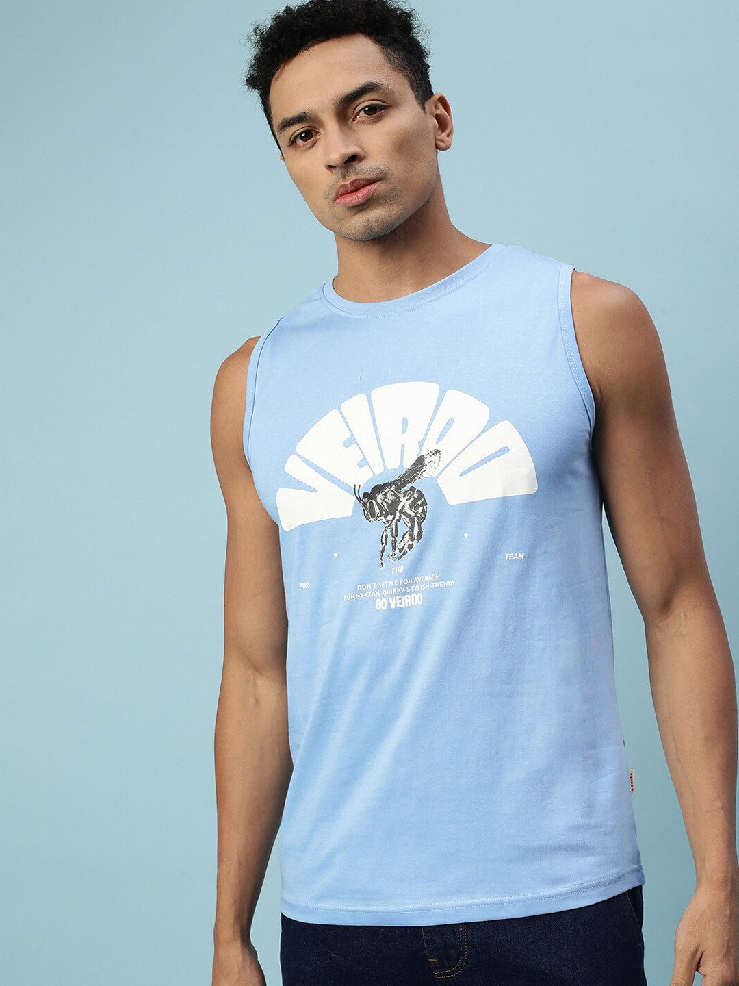 

VEIRDO Printed Sleeveless Cotton Vest, Blue
