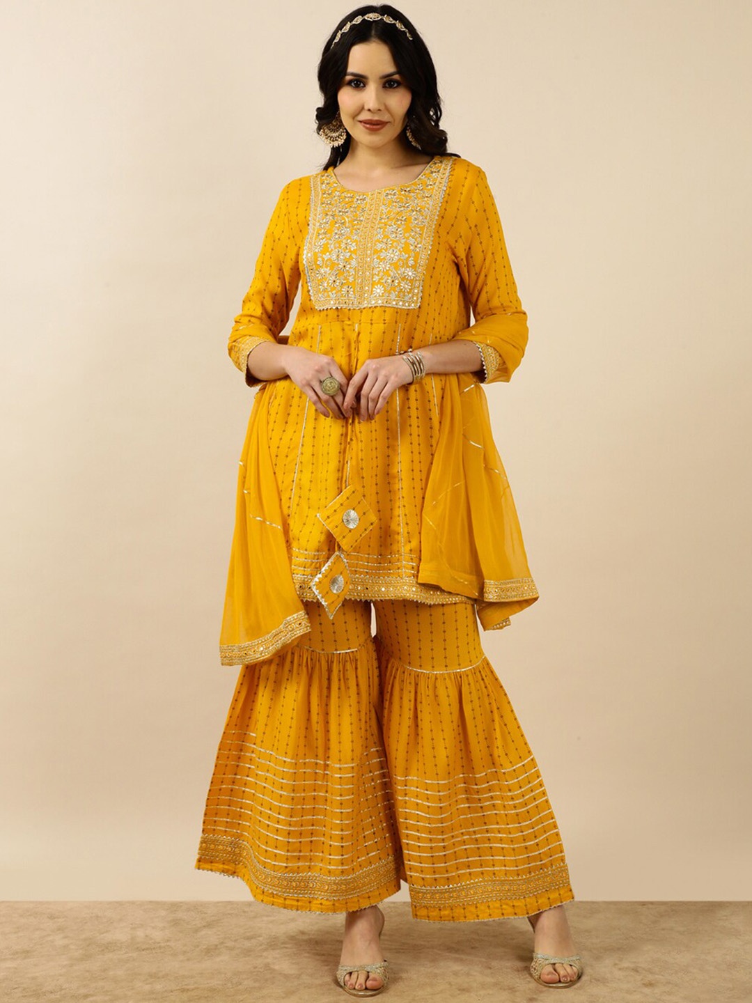 

Myshka Ethnic Motifs Printed Thread Work Regular Kurta With Sharara & Dupatta, Yellow