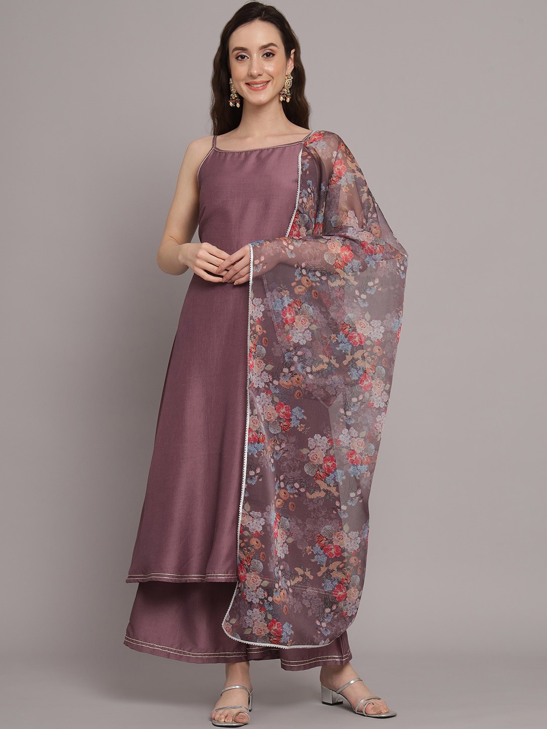 

Myshka Shoulder Straps A-Line Regular Kurta With Palazzos & Dupatta, Mauve