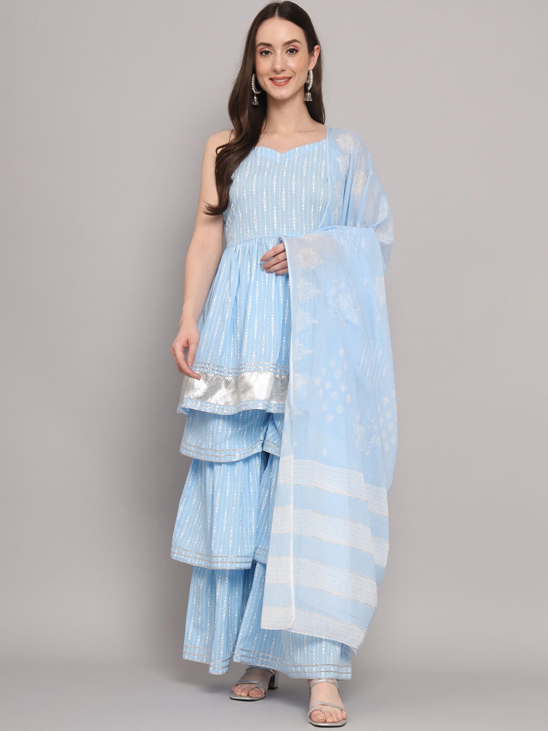 

Myshka Geometric Printed Empire Pure Cotton Kurta With Sharara & Dupatta, Blue