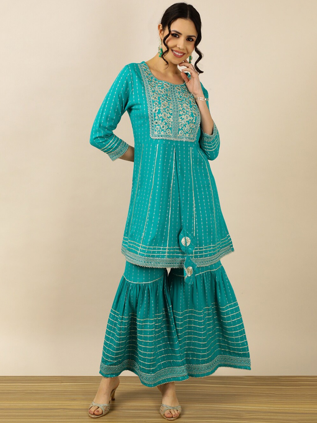 

Myshka Geometric Printed Embroidered Mirror Work Regular Kurta With Sharara & Dupatta, Blue