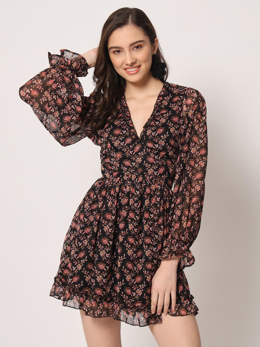 

HERE&NOW Floral Print Puff Sleeve Georgette Mini Dress, Black