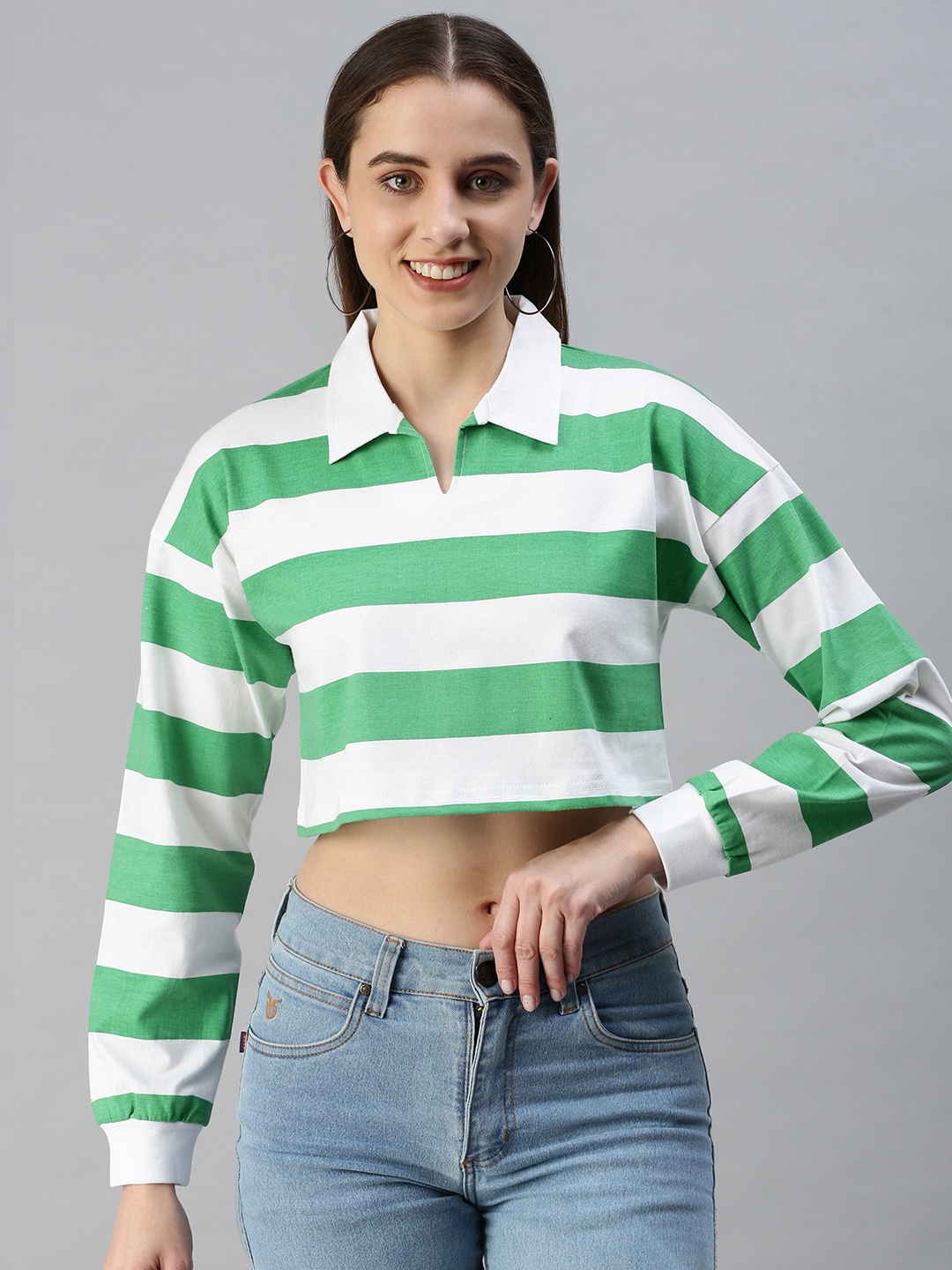 

JUNEBERRY Striped Cotton Shirt Style Crop Top, White